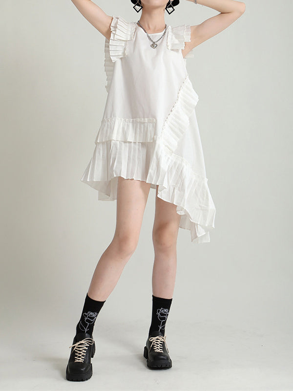 Flying Sleeves Loose Asymmetric Pleated Color Split-joint Round-neck Midi Dresses
