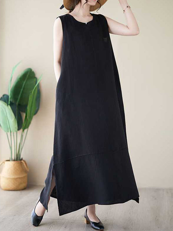 A-line Loose Color Round-neck Midi Dresses
