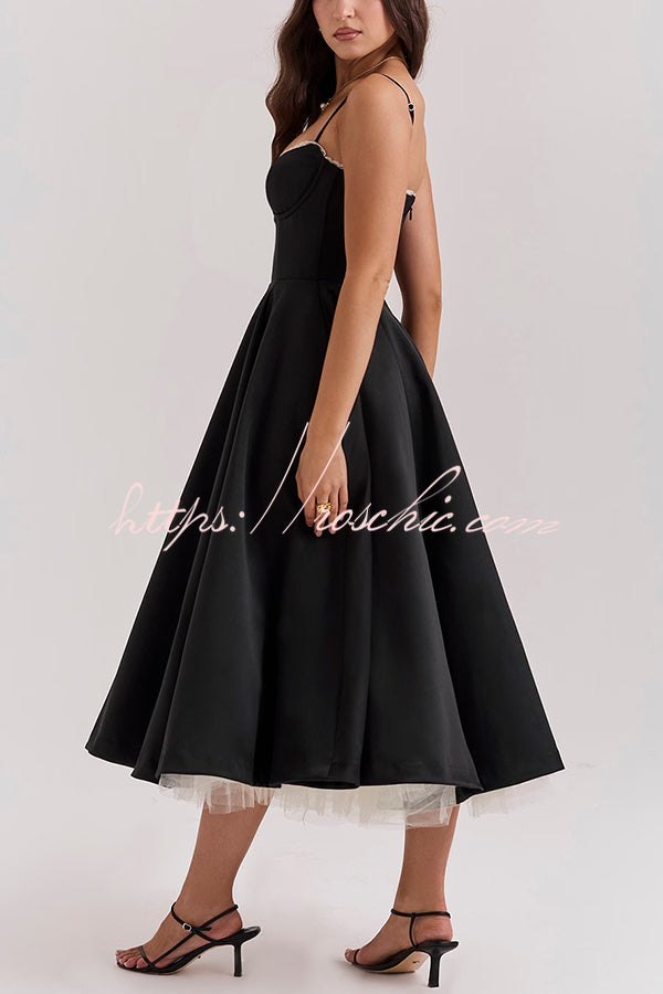 Fairytale Vibe Satin Patchwork Tulle Sweetheart Neck Pocket Stretch Midi Dress