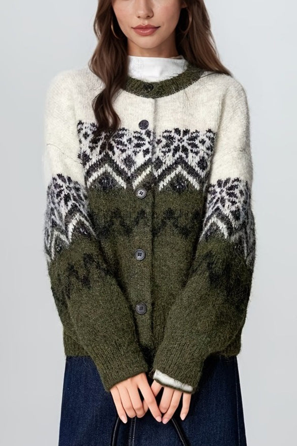 Retro Nordic Christmas Snowflake Jacquard Knit Cardigan