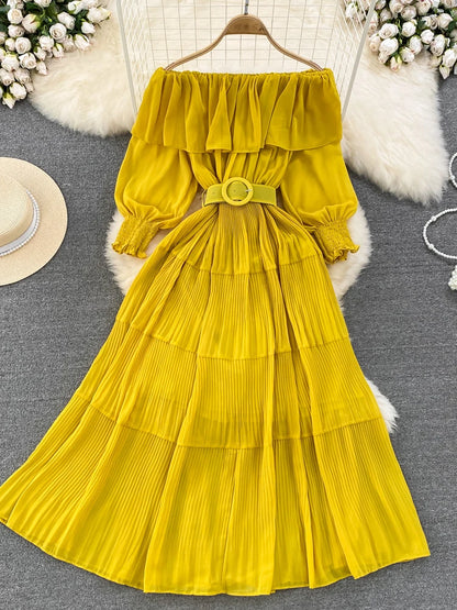 Off Shoulder Dress Chiffon Summer Sweet Lotus Leaf Edge Pleated Dresses Evening Party Long Dress