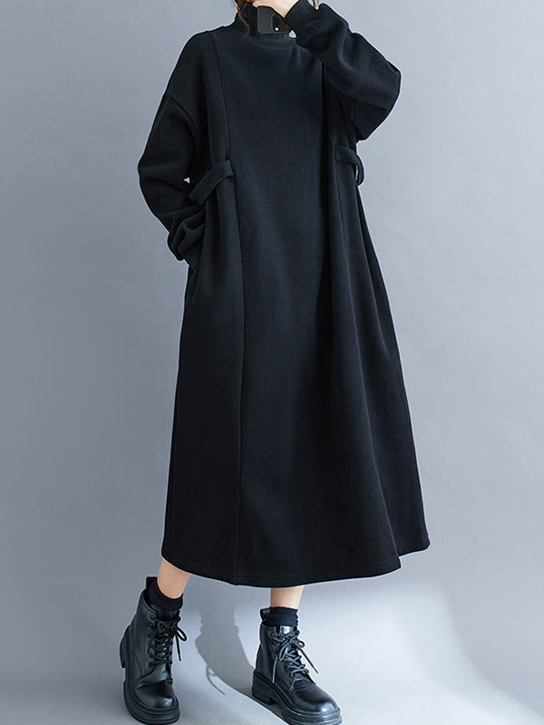 A-line Long Sleeves Color Mock Neck Midi Dresses