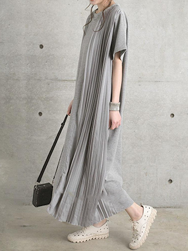 Loose Short Sleeves Pleated Color Split-joint Round-neck Midi Dresses