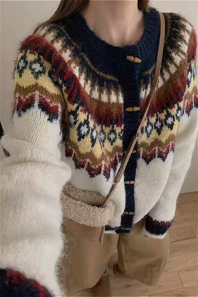 Crew Neck Fair Isle Horn Button Knit Cardigan