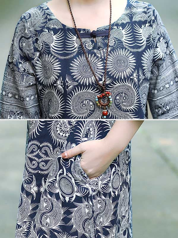 Cotton Blend Printing Midi Dresses