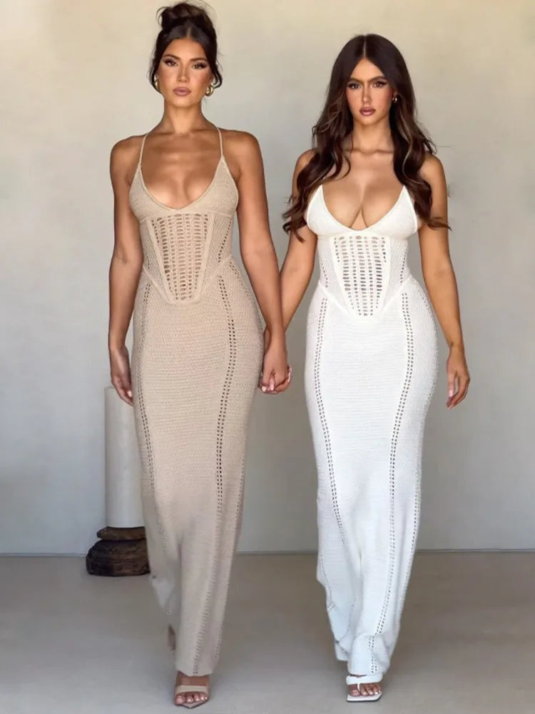 Hollow Out Backless Knit Dress for Spaghetti Strap Bandage Sleeveless Bodycon Club Party Long Dress