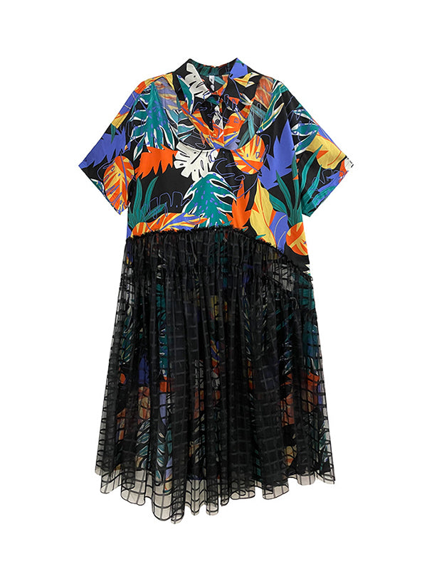 A-line Loose Buttoned Hollow Mesh Printed Split-joint Lapel Midi Dresses