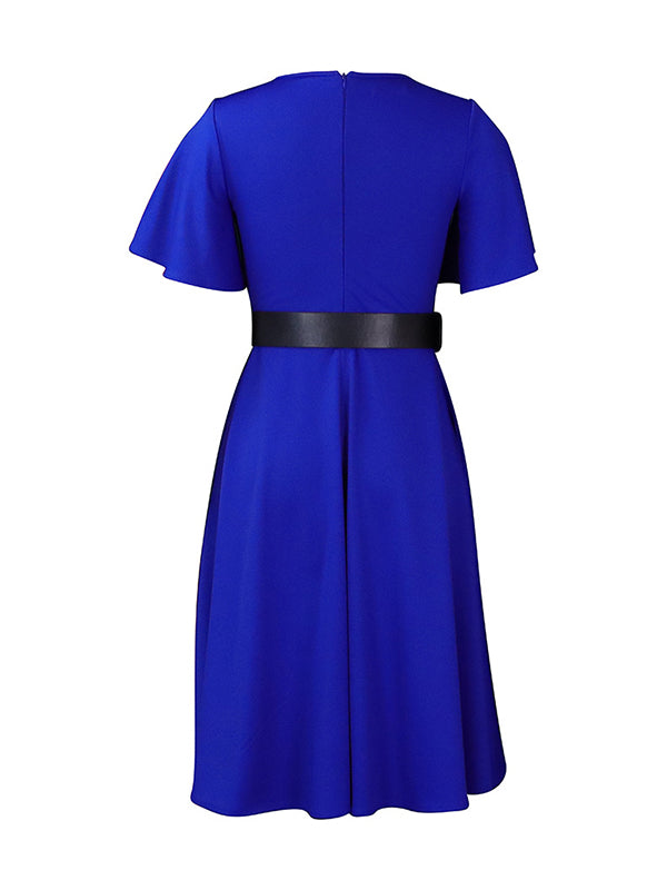 Irregular Clipping Belted Color Round-neck Midi Dresses