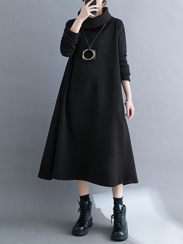 A-line Long Sleeves Asymmetric Color Zipper High Neck Midi Dresses