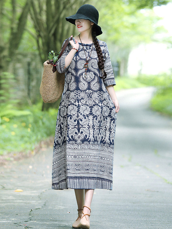 Cotton Blend Printing Midi Dresses