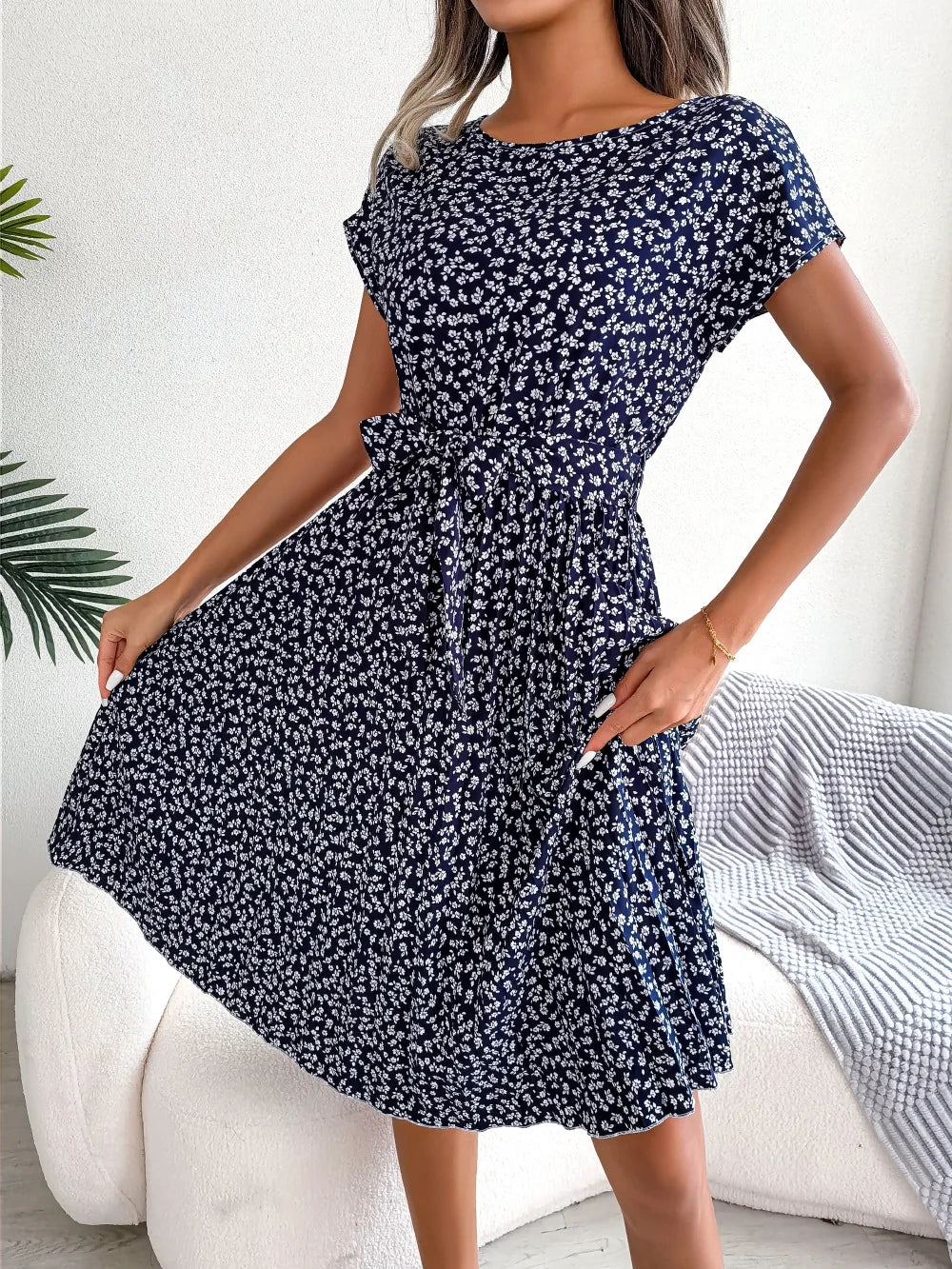 Summer Short Sleeve Long Dress O Neck Lace Up Pleated A-line Office Female Vestidos