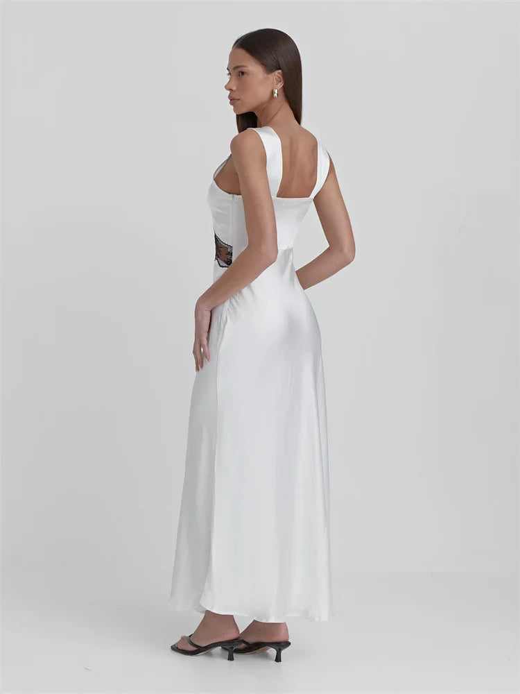 Lace Backless Hollow Out Maxi Dress for Patchwork Printed High Waist Party Dress Female Long Dress