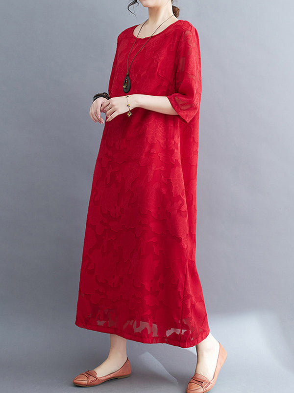 Loose Three-quarter Sleeves Jacquard See-through Color Round-neck Midi Dresses