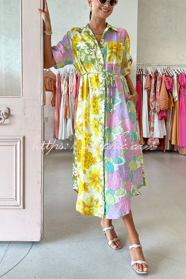 Travel Effortlessly Linen Blend Patchwork Shirt Midi Dress