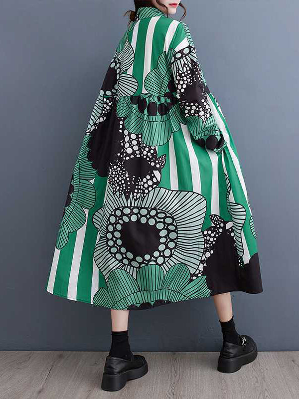 A-line Long Sleeves Asymmetric Buttoned Printed Split-joint Lapel Midi Dresses Shirt Dress