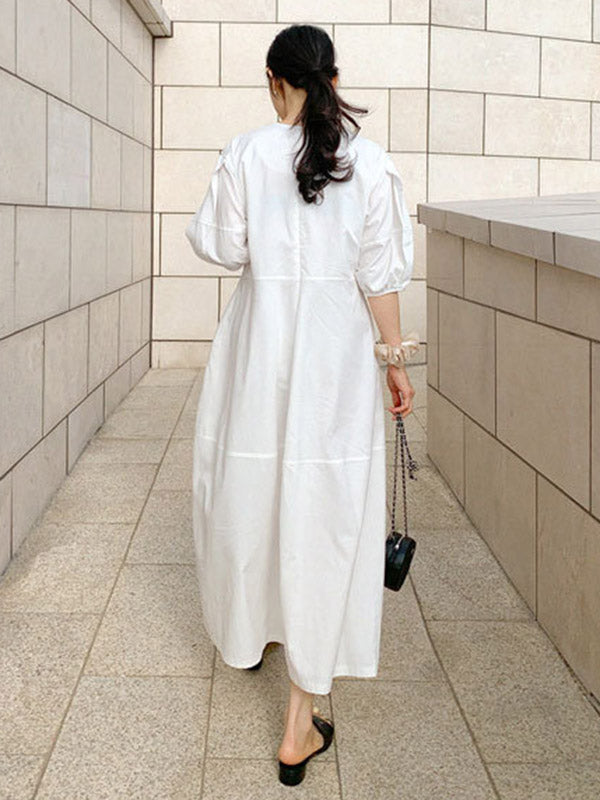 Round-neck Bishop Sleeve Loose Color Midi Dress