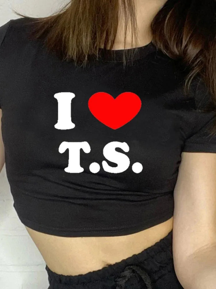 I Love T S Cropped Tops for Summer Short Sleeve T Shirt Y2k Clothes Harajuku Baby Tee Graphic T-shirt Crop Top Tee