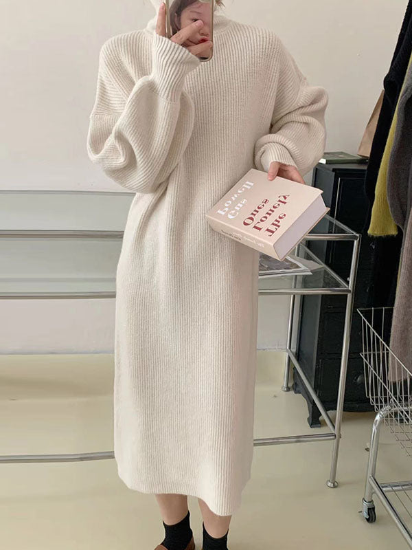 Long Sleeves Loose Color High Neck Midi Dresses Sweater Dresses
