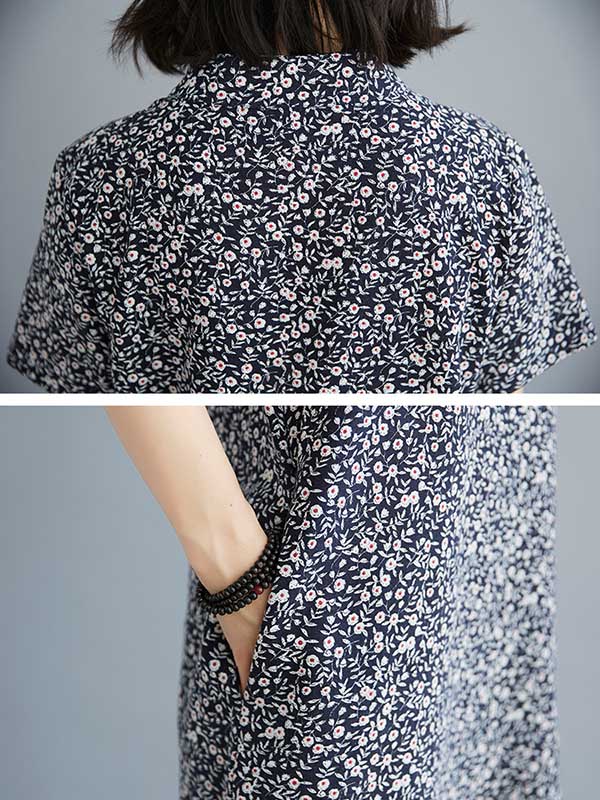 Artistic Retro Printed Stand Collar Short Sleeves Cheongsam Midi Dress