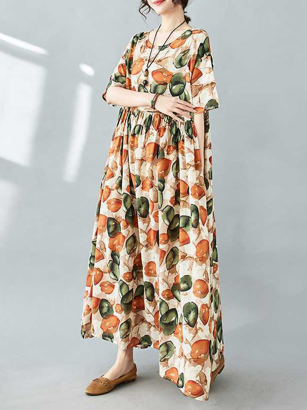 Half Sleeves Loose Pleated Printed Split-joint Round-neck Midi Dresses