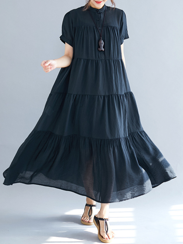 Loose Split-joint Pleated Short Sleeves Round-neck Midi Dress
