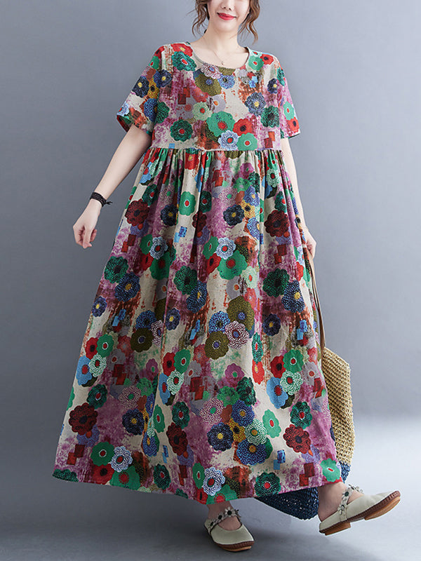Loose Multi-colored Printed Midi Dress