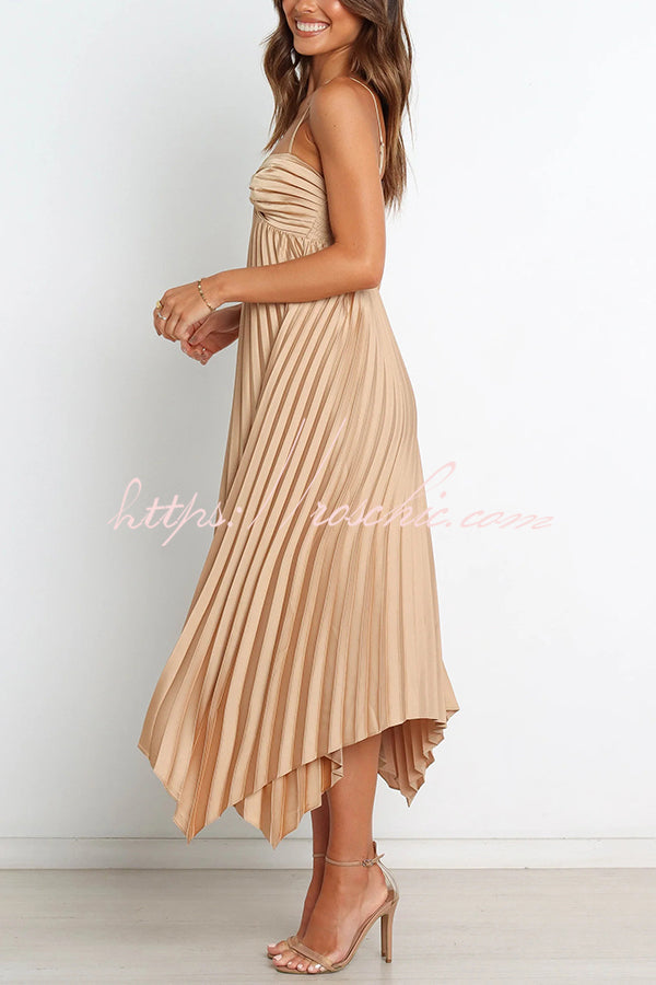 Color Suspender Pleated Irregular Midi Dress