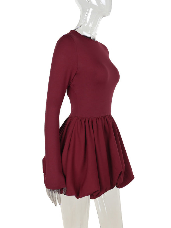 Long Sleeves Skinny Pleated Color Split-joint Round-neck Mini Dresses