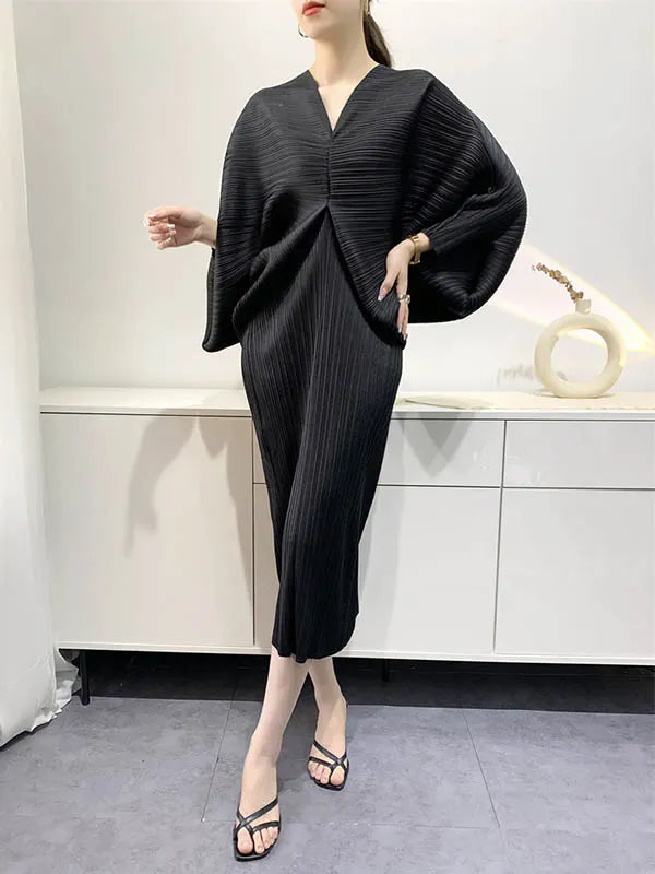 Original Creation Loose Batwing Sleeves Pleated Color V-neck Midi Dresses