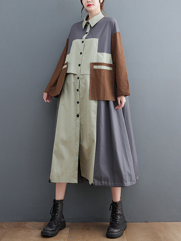 Loose Long Sleeves Contrast Color Polo Midi Dresses