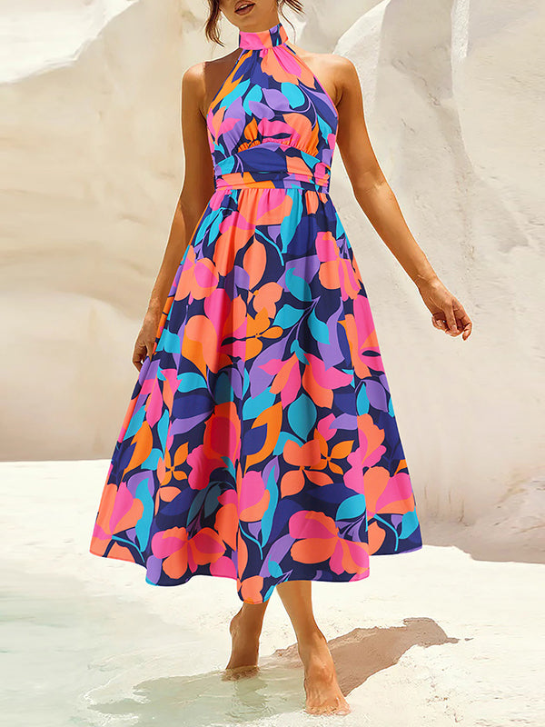 A-line Loose Pleated Printed Split-joint Halter-neck Midi Dresses