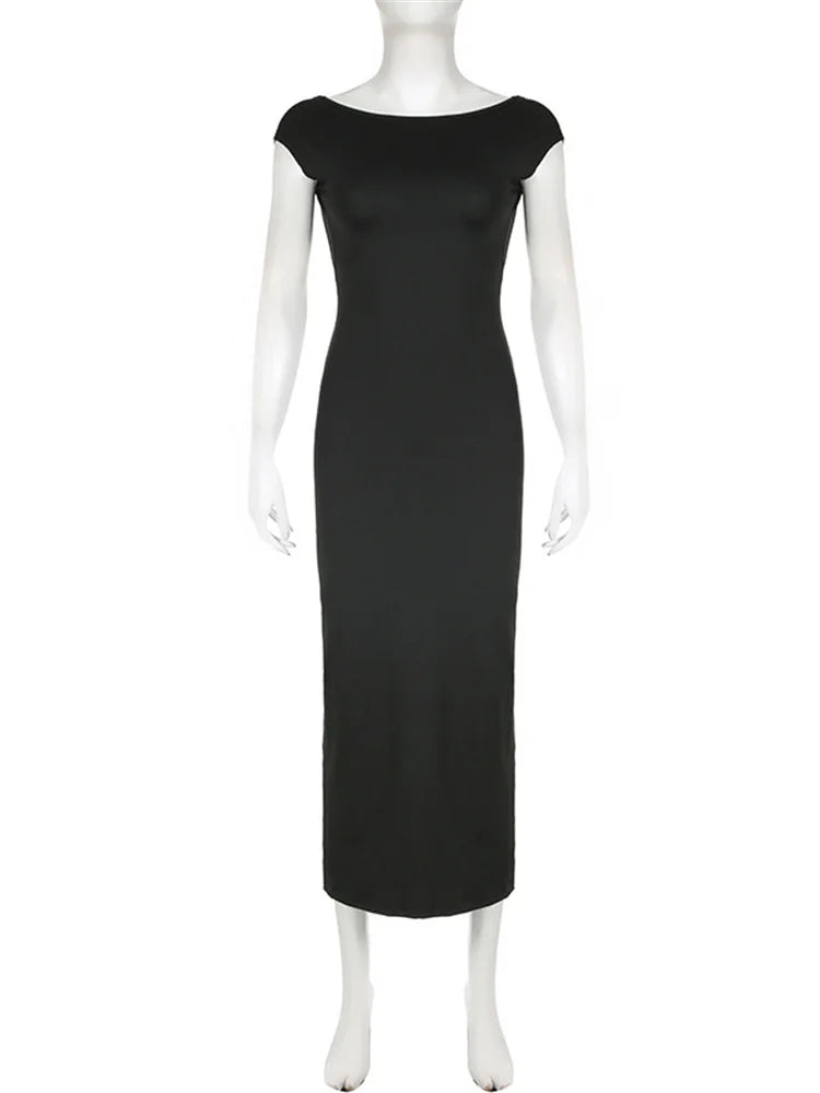 Hot Backless Black Dress – Sleeveless Patchwork High Waist Long Dress