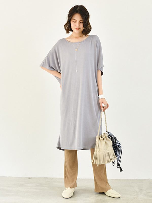 Batwing Half Sleeves Color Round-neck Midi Dresses