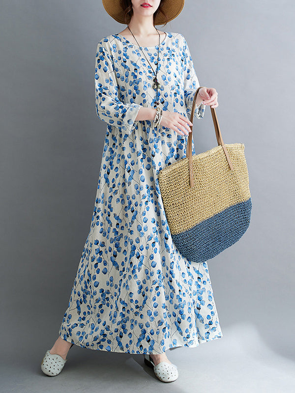 Long Sleeves Loose Flower Print Split-joint Round-neck Midi Dresses