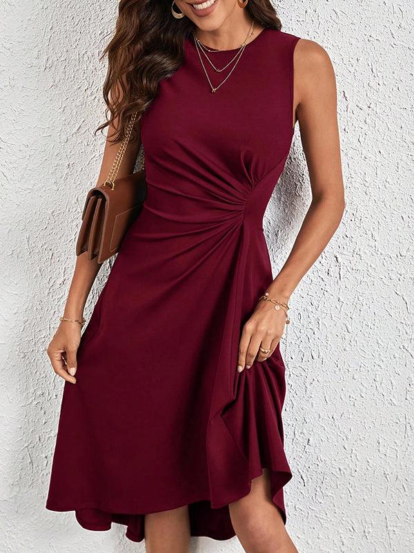A-line High Waisted Asymmetric Pleated Color Split-joint Round-neck Midi Dresses