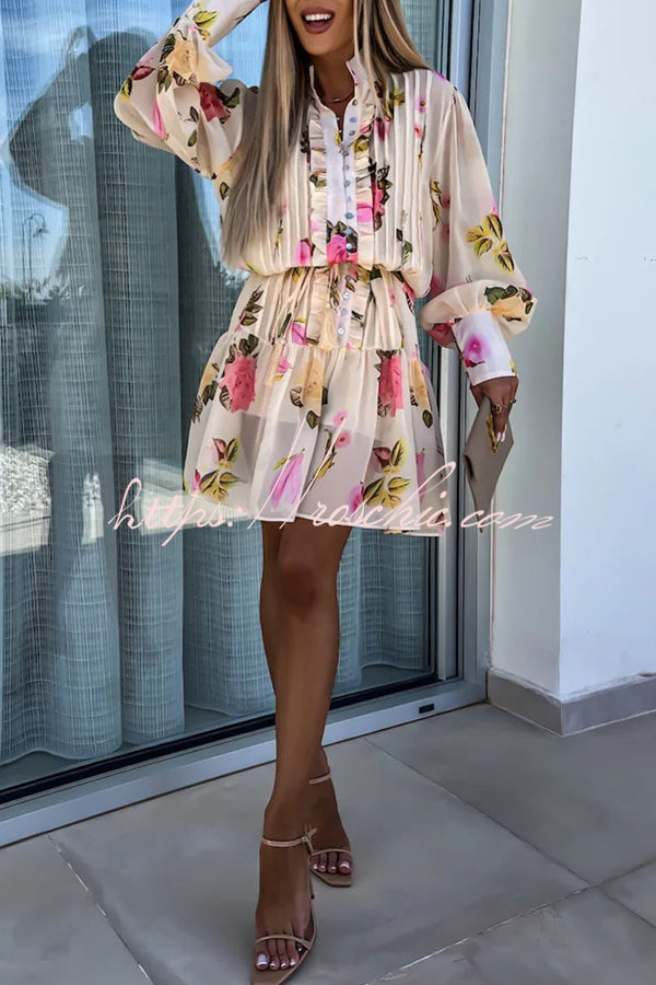 Sunset and Dreams Print Subtle Tuck Lantern Sleeve Belt Mini Dress