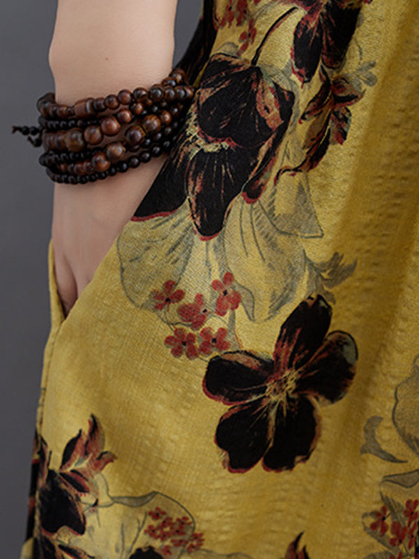 Loose Short Sleeves Pleated Printed Split-joint Round-neck Midi Dresses