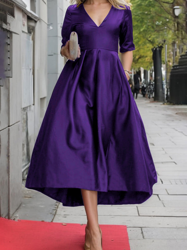 A-line Long Sleeves Pleated Pockets Color Zipper V-neck Midi Dresses