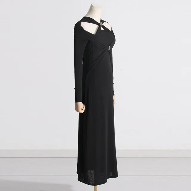 Irregular High-waist Slim-fitting Long-sleeved Dress Fashionable Metal Twist Evening Dress White Long Dresses for