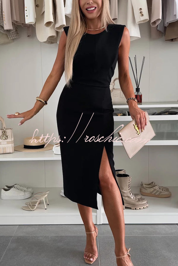 Charming Lady Color Round Neck Sleeveless Waisted Slit Stretch Midi Dress