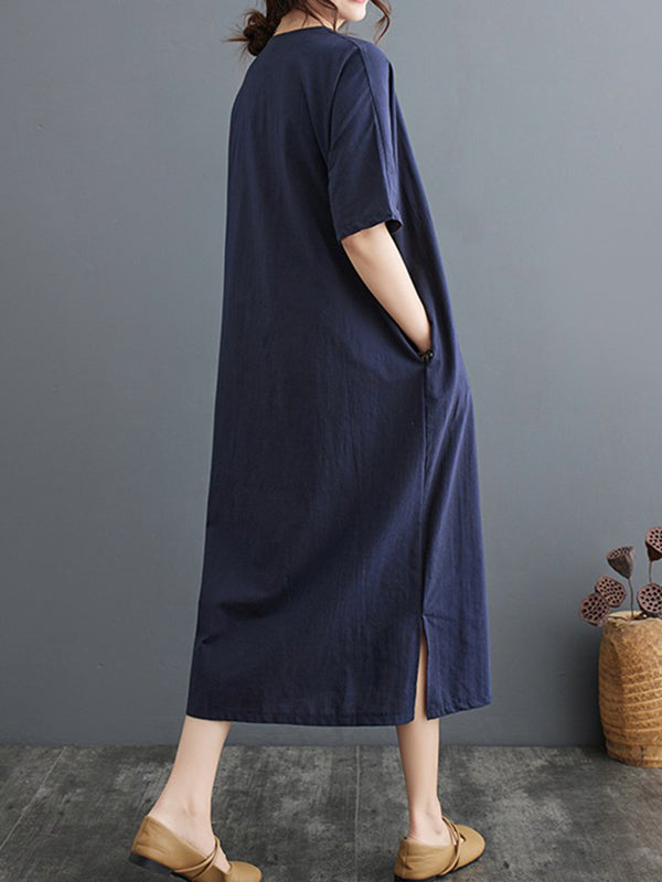 A-line Loose Chinese Frog Buttons Pockets Color Split-side V-neck Midi Dresses