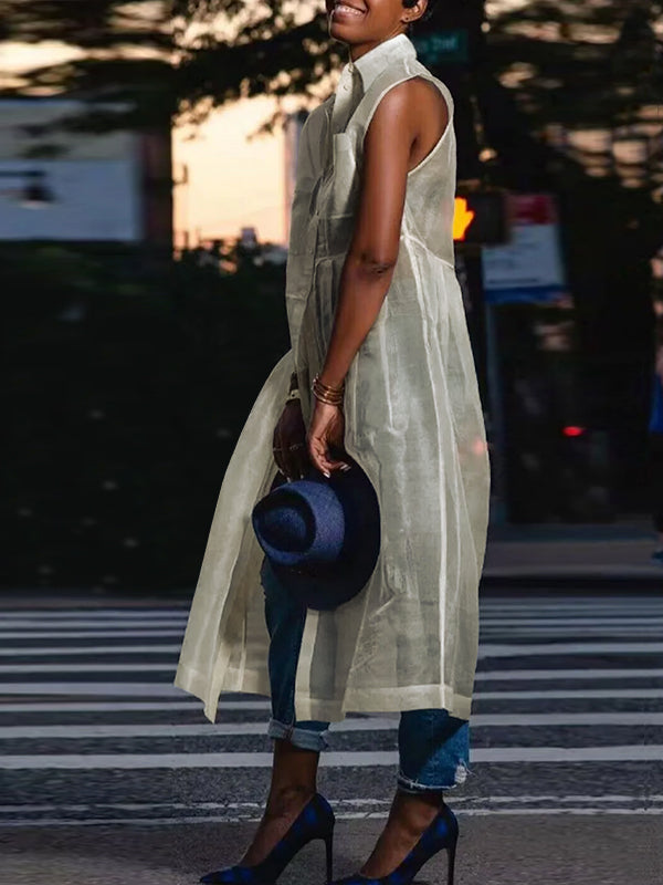 Cap Sleeve Loose Buttoned Pockets See-through Split-joint Transparent Lapel Midi Dresses Shirt Dress