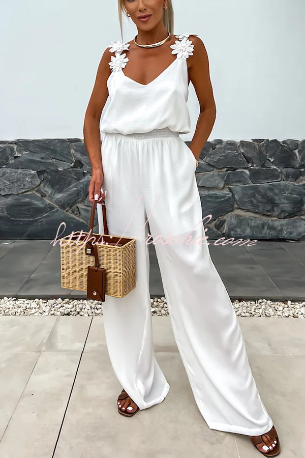 Color Embroidered Flower Suspenders Loose Jumpsuit