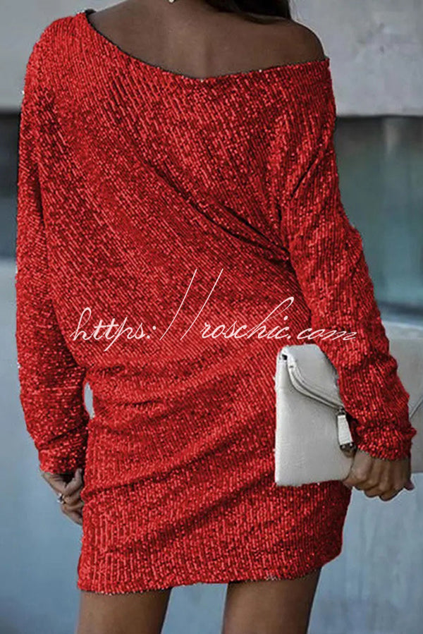 Sequined Off-shoulder Loose Mini Dress