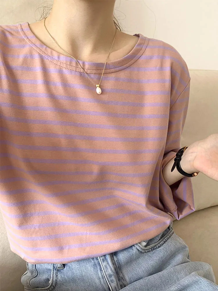 Korean Striped T-shirt Autumn Long Sleeve ’s Top Loose Cotton T-shirt Female Blue Orange S-xl