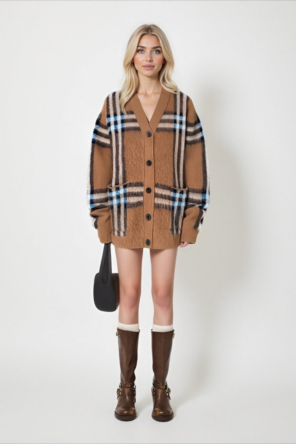 Plaid Retro Loose V Neck Knit Cardigan
