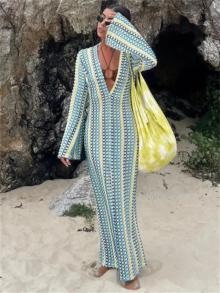 Contrast Hollow Out V-neck Maxi Dress Female Slim Loose High Street Long Sleeve Lace Dress Patchwork Long Dress