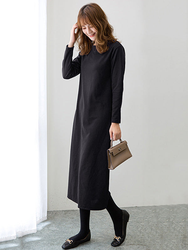 Simple Color Round-neck A-line Midi Dress