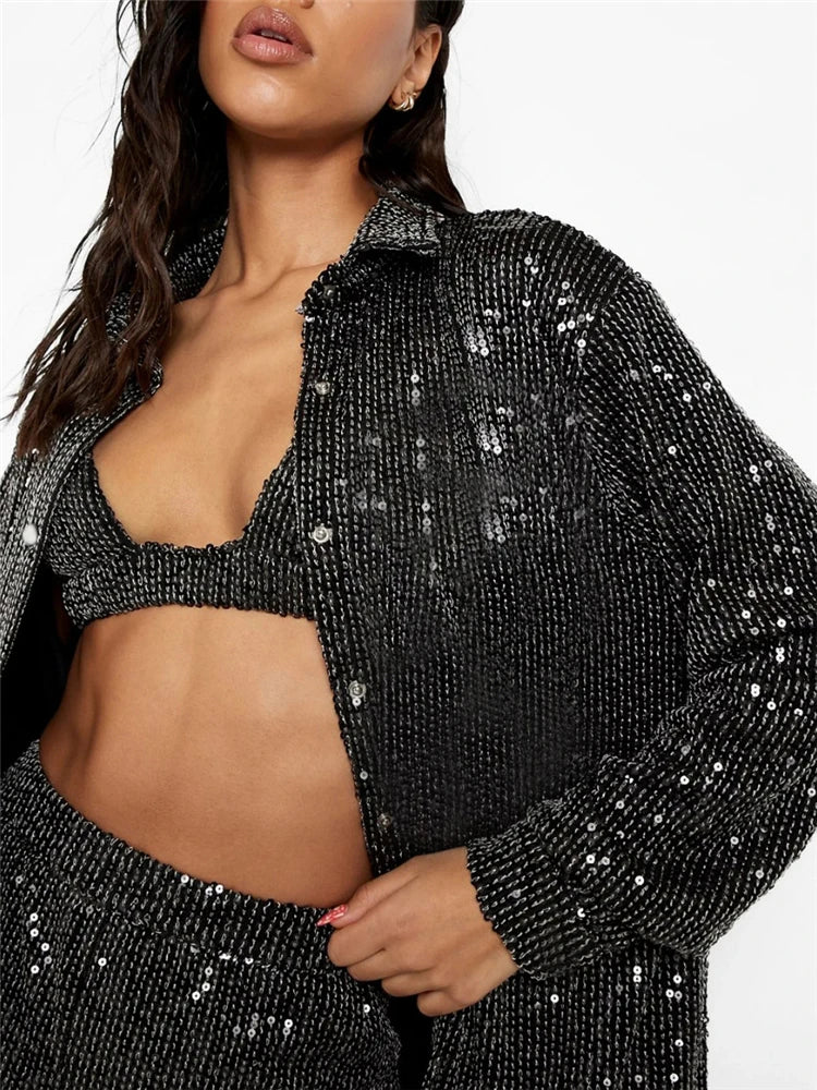 Sparkly Two-piece Set Party Outfits for Sequin Top Blouse Shirt and Pants Suit Female Evening Tracksuit New