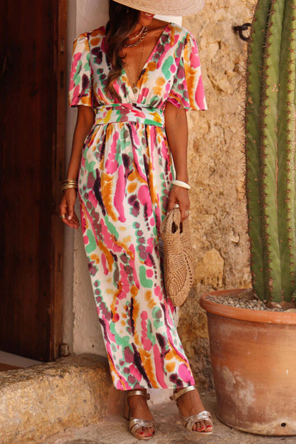 Tie-dye Print V Neck Maxi Dress